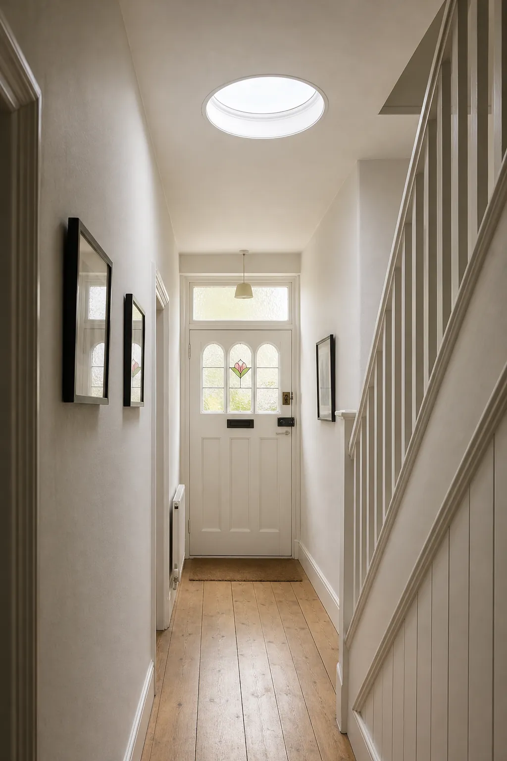 Narrow hallway brightened by a sun tunnel diffuser in the ceiling