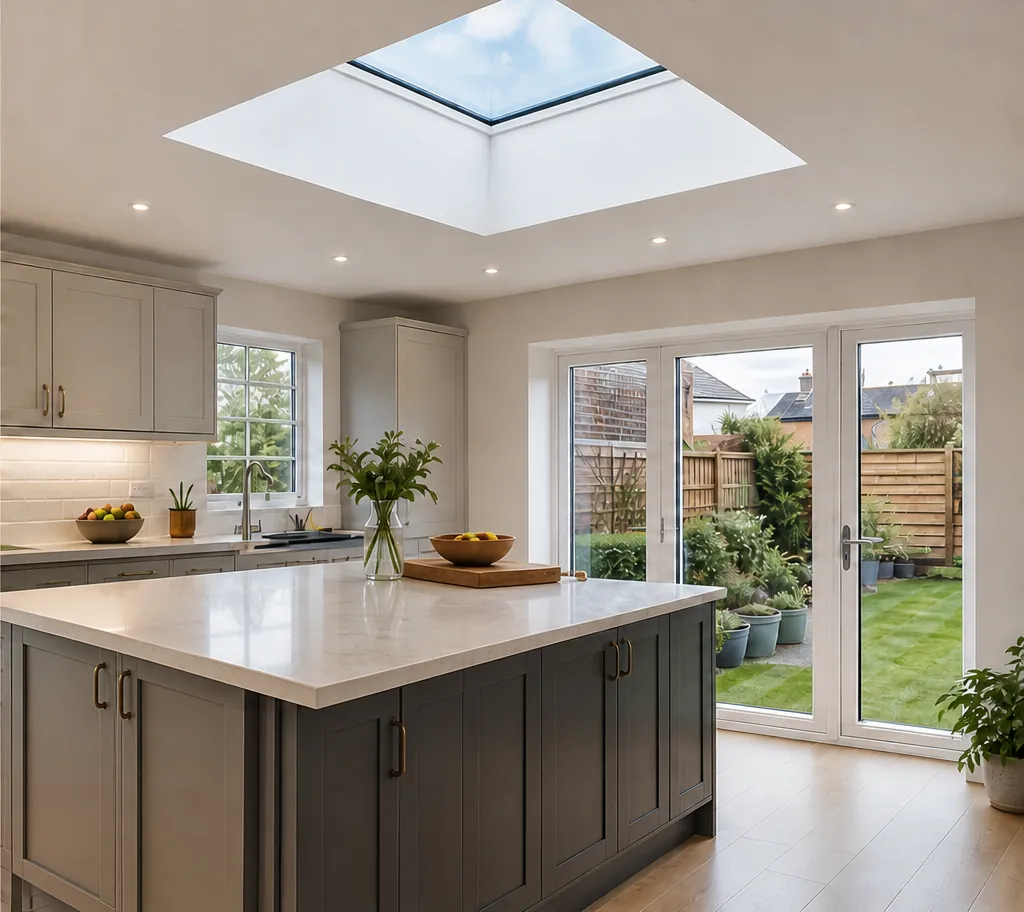 The kitchen inside the same extension, lit by the rooflight through a white splayed reveal