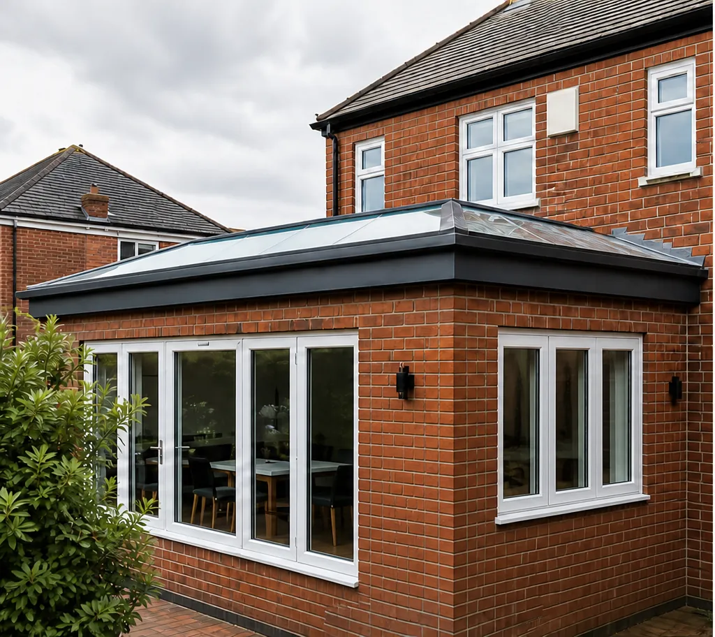 Flat-roof rear extension on a red-brick 1930s semi, with a slim rooflight on the roof
