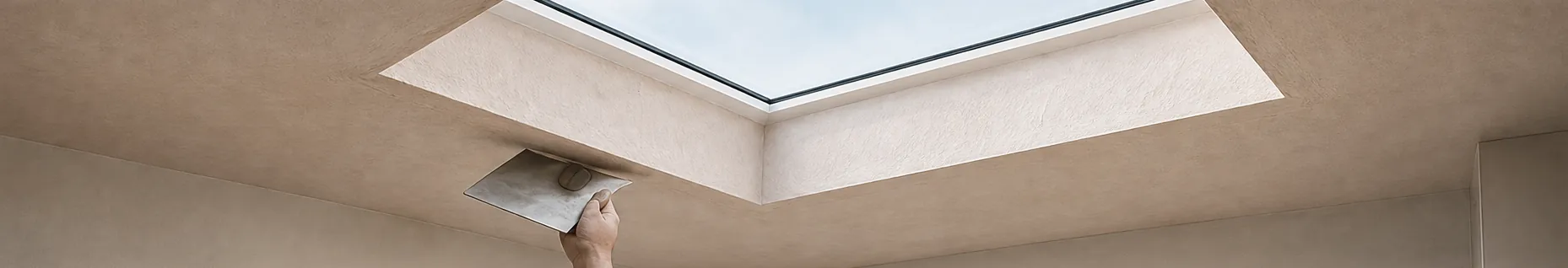 A plasterer finishing the splayed reveal around a newly fitted rooflight