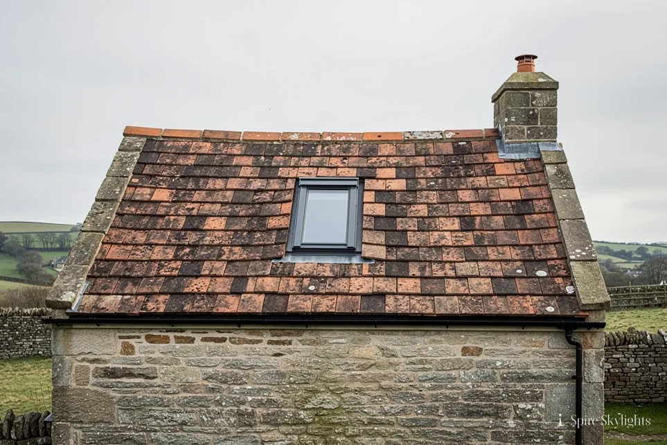Slim rooflight in the clay-tiled roof of a stone outbuilding