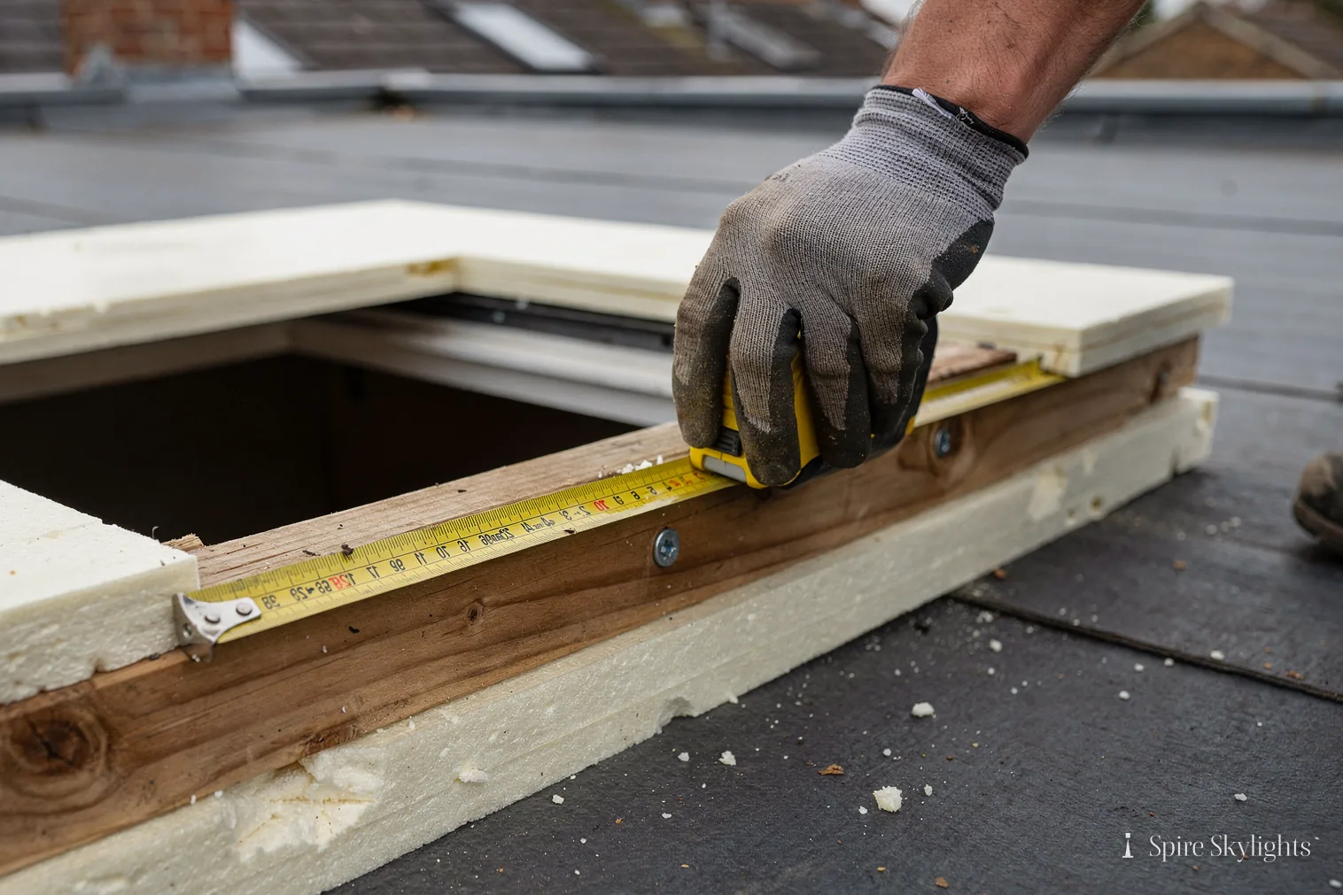 Fitter checking the timber upstand of a rooflight opening with a tape