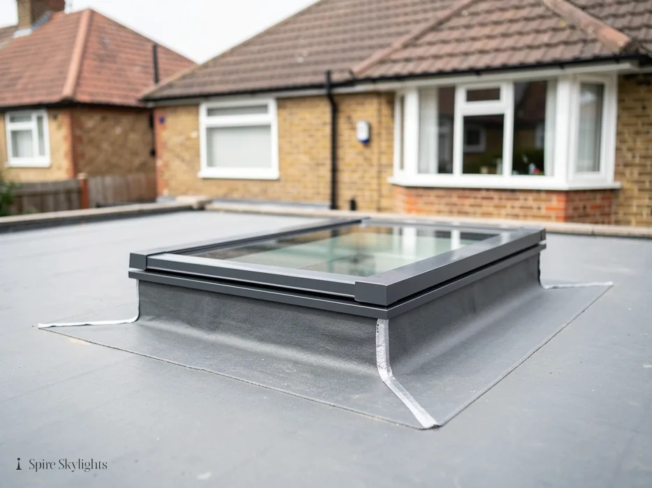 Frameless flat rooflight sitting on its upstand on a single-ply flat roof