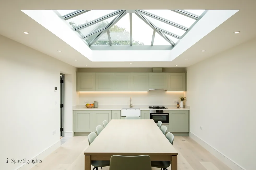 Long kitchen extension with a roof lantern above the dining table