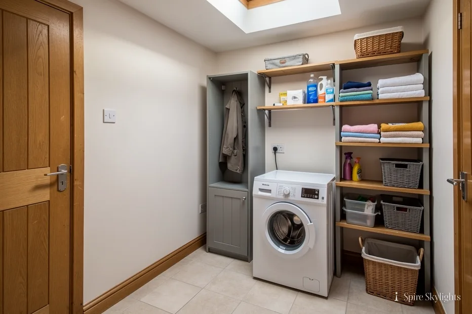 Utility room lit by a small rooflight above the shelving