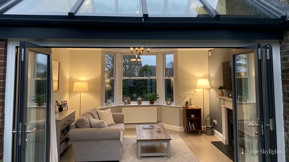 Garden room under a glazed roof, its folding doors open to the patio