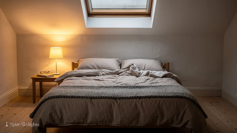Lamp-lit loft bedroom under a single roof window