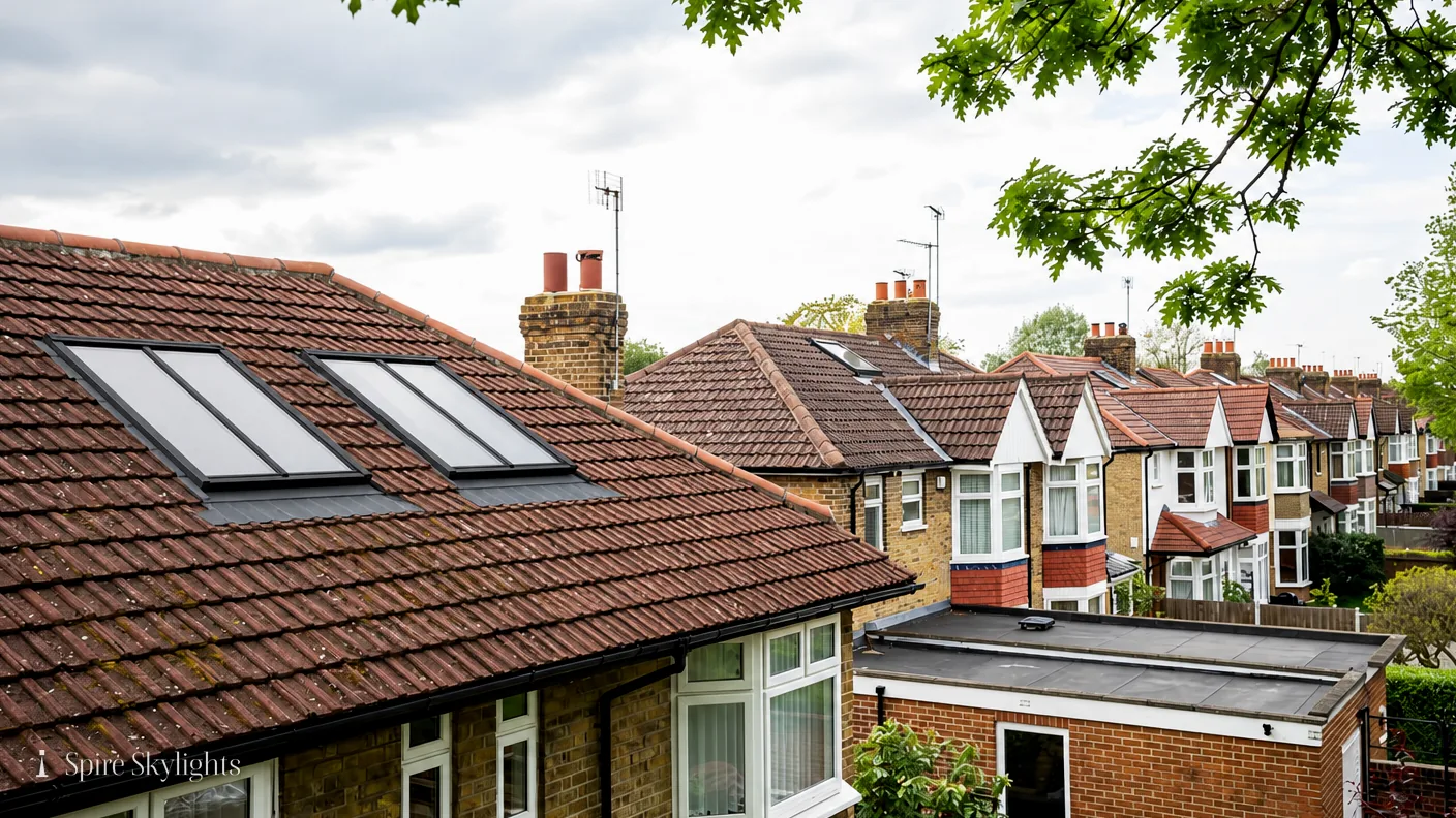 Pair of roof windows in a clay-tiled roof overlooking a street of terraces