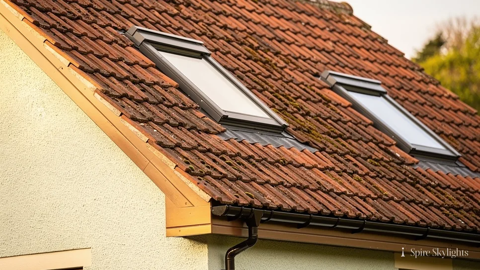 Two roof windows in a terracotta-tiled roof above a rendered gable