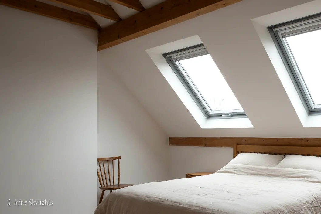 Loft bedroom with two roof windows between timber collar beams