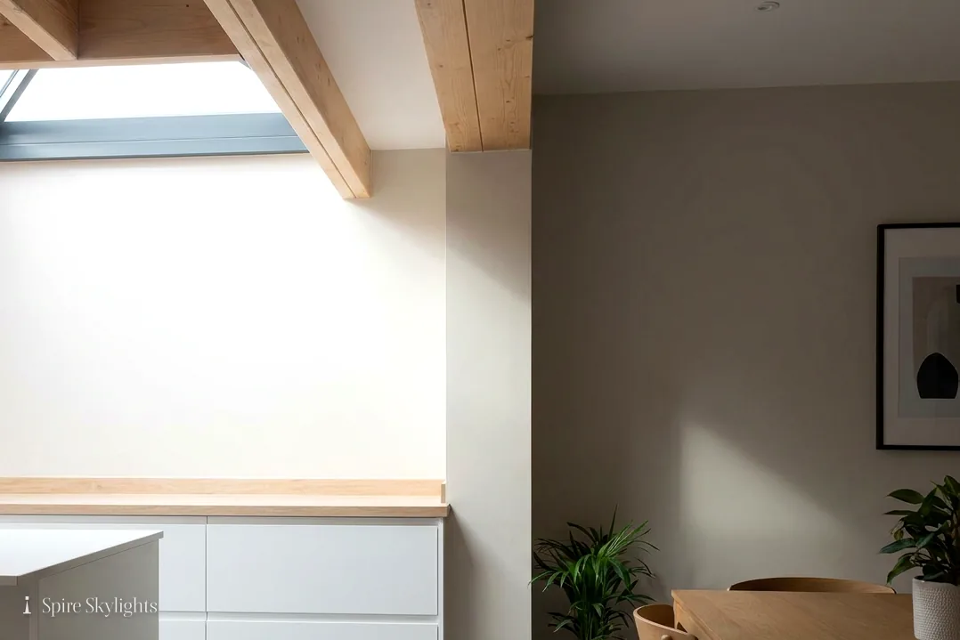 Flat rooflight between pale timber joists over a kitchen worktop