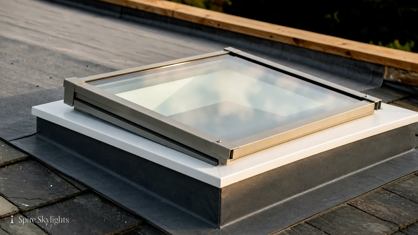 Close-up of a rooflight frame on its upstand on a flat roof
