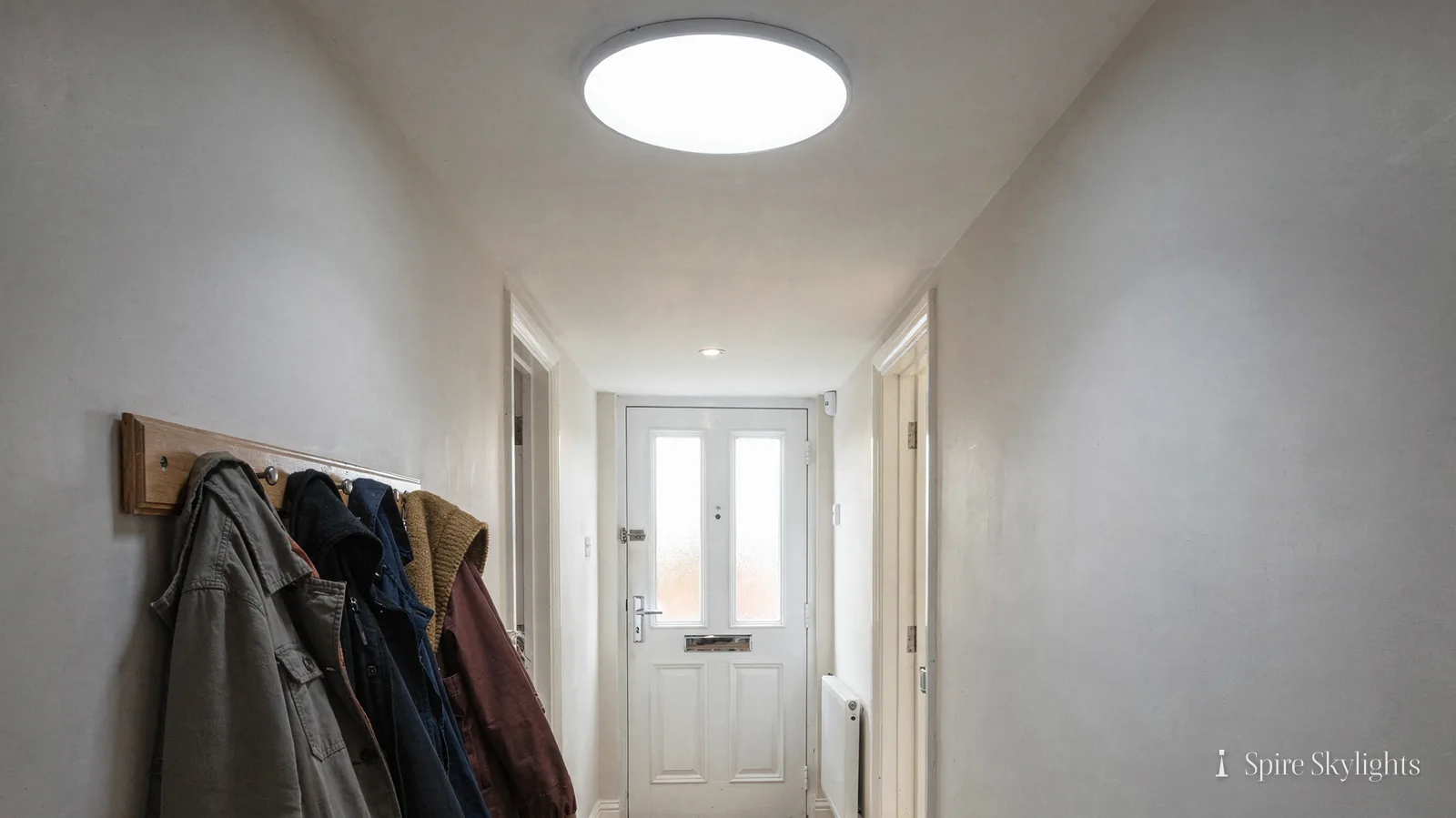 Narrow hallway with coats on hooks, lit by a round sun tunnel diffuser