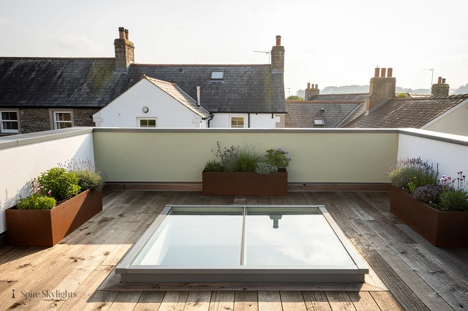 Walk-on rooflight set into a decked roof terrace with planters