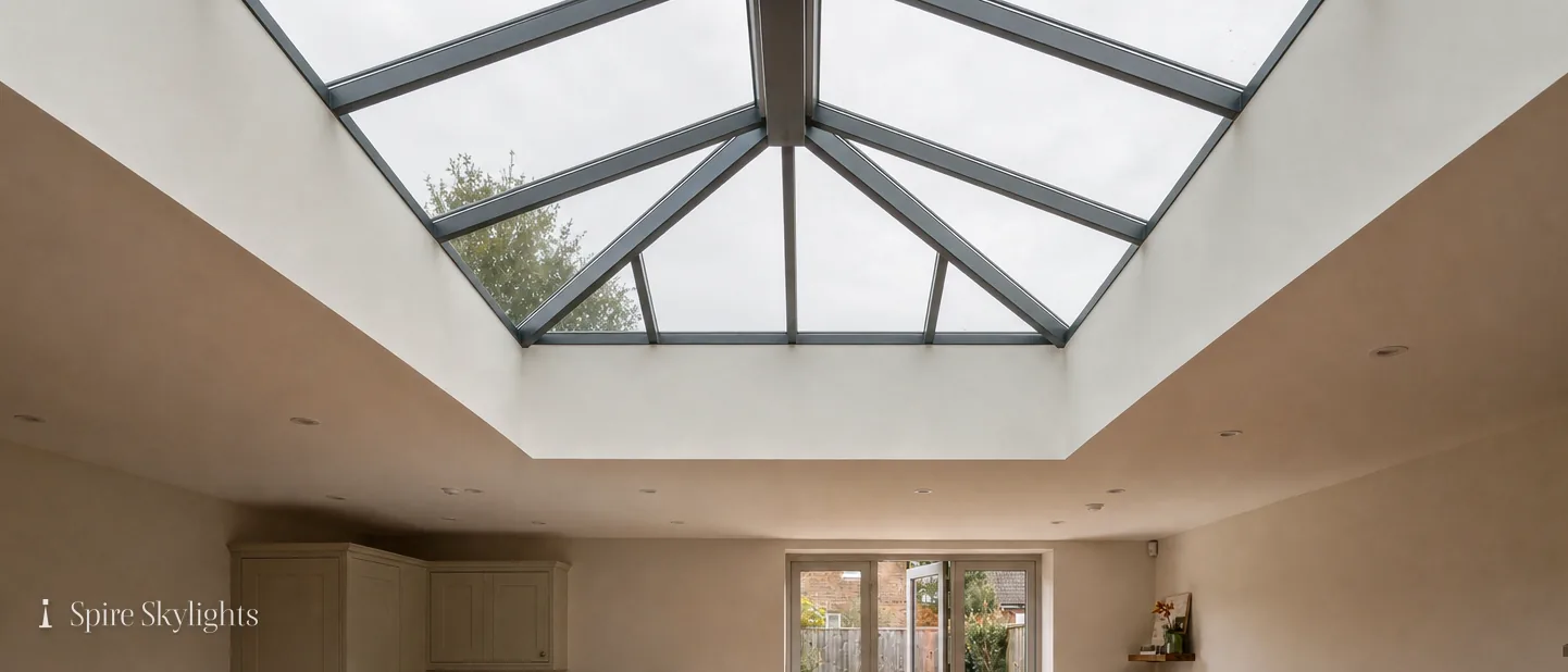 Roof lantern lighting a long kitchen-diner with garden doors at the far end