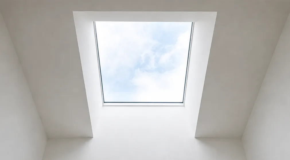 Looking straight up through a deep, splayed and plastered rooflight reveal to the sky